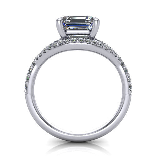 Clementine asscher classic engagement ring in 14K White Gold, through-finger front profile showing the raised center above the pav&eacute; split band