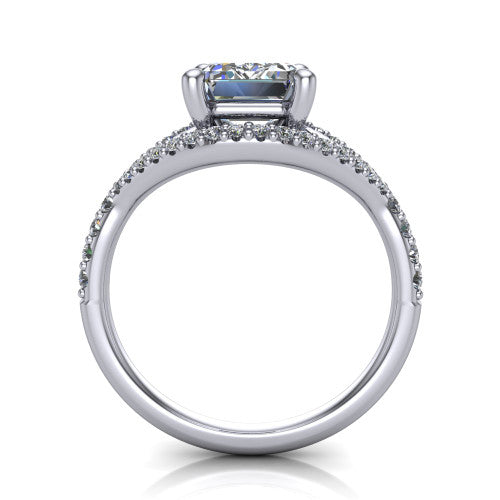 Clementine emerald classic engagement ring in Platinum, through-finger front profile showing the raised center above the pav&eacute; split band