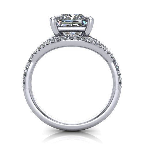 Clementine princess classic engagement ring in Platinum, through-finger front profile showing the raised center above the pav&eacute; split band