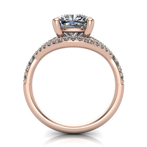 Clementine cushion classic engagement ring in 18K Rose Gold, through-finger front profile showing the raised center above the pav&eacute; split band