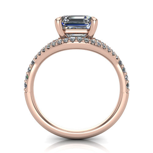 Clementine asscher classic engagement ring in 18K Rose Gold, through-finger front profile showing the raised center above the pav&eacute; split band