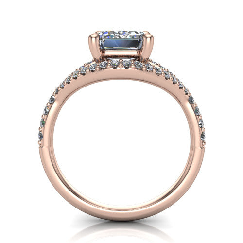 Clementine emerald classic engagement ring in 18K Rose Gold, through-finger front profile showing the raised center above the pav&eacute; split band