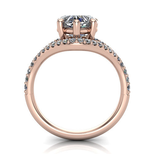 Clementine heart classic engagement ring in 14K Rose Gold, through-finger front profile showing the raised center above the pav&eacute; split band