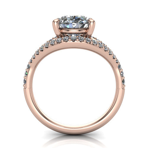 Clementine oval classic engagement ring in 18K Rose Gold, through-finger front profile showing the raised center above the pav&eacute; split band