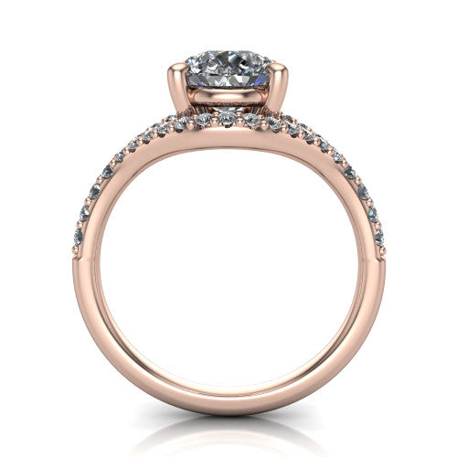 Clementine pear classic engagement ring in 18K Rose Gold, through-finger front profile showing the raised center above the pav&eacute; split band