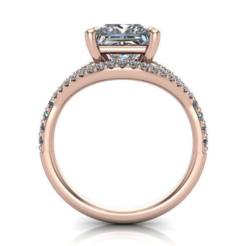 Clementine princess classic engagement ring in 14K Rose Gold, through-finger front profile showing the raised center above the pav&eacute; split band