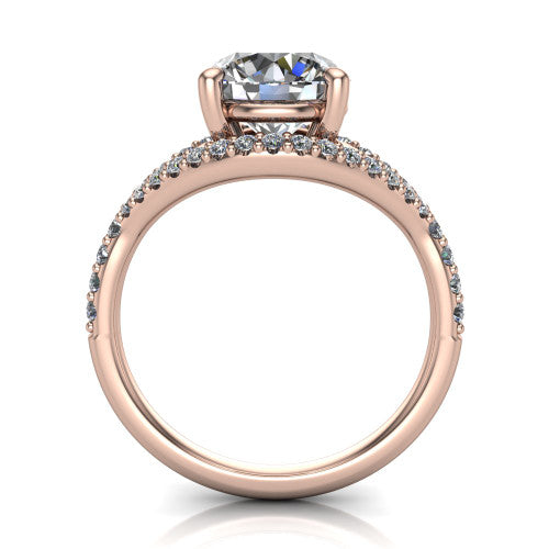 Clementine round classic engagement ring in 18K Rose Gold, through-finger front profile showing the raised center above the pav&eacute; split band