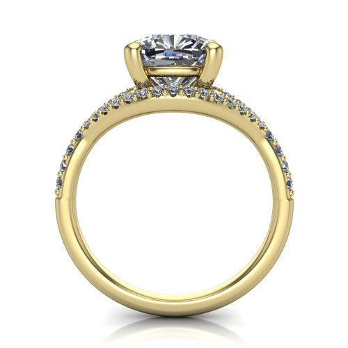 Clementine cushion classic engagement ring in 14K Yellow Gold, through-finger front profile showing the raised center above the pav&eacute; split band