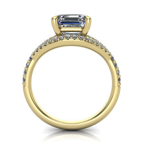 Clementine asscher classic engagement ring in 18K Yellow Gold, through-finger front profile showing the raised center above the pav&eacute; split band