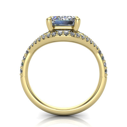Clementine emerald classic engagement ring in 18K Yellow Gold, through-finger front profile showing the raised center above the pav&eacute; split band