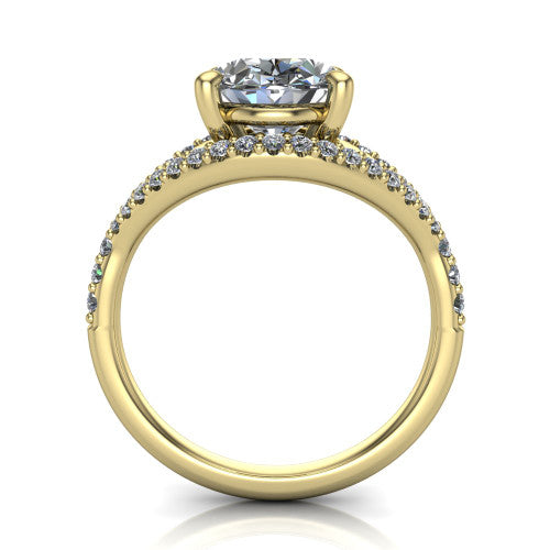 Clementine oval classic engagement ring in 14K Yellow Gold, through-finger front profile showing the raised center above the pav&eacute; split band