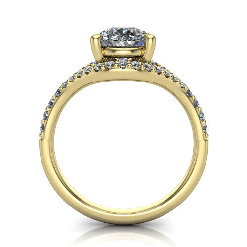 Clementine pear classic engagement ring in 18K Yellow Gold, through-finger front profile showing the raised center above the pav&eacute; split band