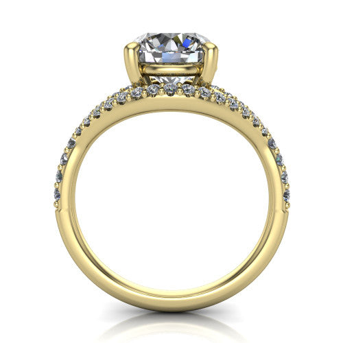 Clementine round classic engagement ring in 14K Yellow Gold, through-finger front profile showing the raised center above the pav&eacute; split band