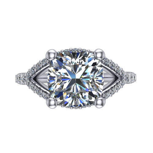 Clementine cushion classic engagement ring in 18K White Gold, top-down view showing the center diamond where the pav&eacute; split rails cross beneath the head