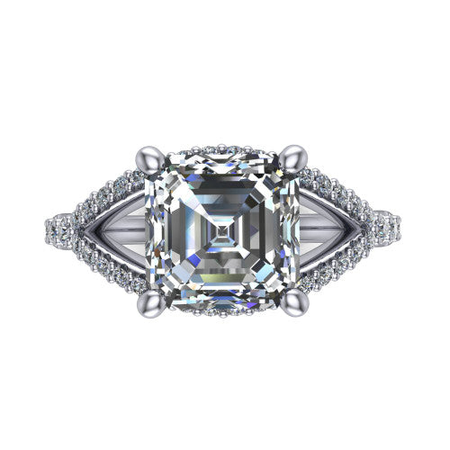 Clementine asscher classic engagement ring in Platinum, top-down view showing the center diamond where the pav&eacute; split rails cross beneath the head
