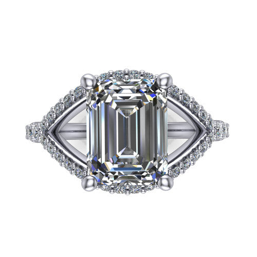 Clementine emerald classic engagement ring in 14K White Gold, top-down view showing the center diamond where the pav&eacute; split rails cross beneath the head