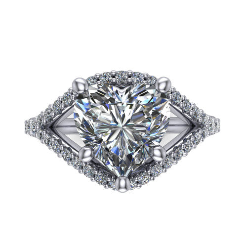 Clementine heart classic engagement ring in Platinum, top-down view showing the center diamond where the pav&eacute; split rails cross beneath the head
