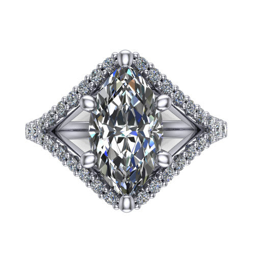 Clementine marquise classic engagement ring in Platinum, top-down view showing the center diamond where the pav&eacute; split rails cross beneath the head