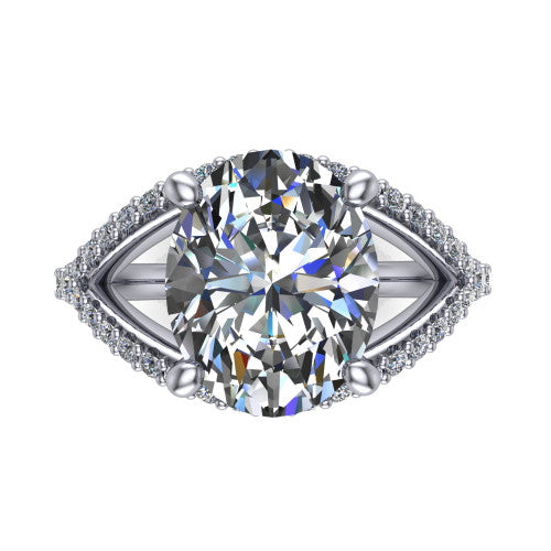 Clementine oval classic engagement ring in 18K White Gold, top-down view showing the center diamond where the pav&eacute; split rails cross beneath the head