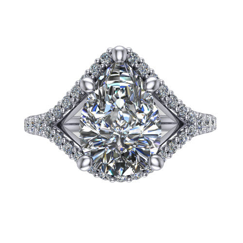 Clementine pear classic engagement ring in 18K White Gold, top-down view showing the center diamond where the pav&eacute; split rails cross beneath the head