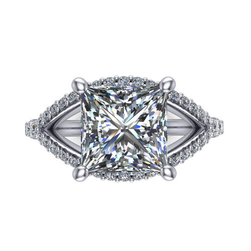 Clementine princess classic engagement ring in Platinum, top-down view showing the center diamond where the pav&eacute; split rails cross beneath the head