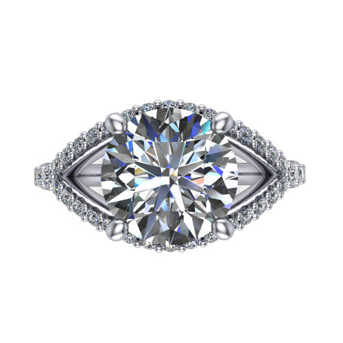 Clementine round classic engagement ring in 14K White Gold, top-down view showing the center diamond where the pav&eacute; split rails cross beneath the head