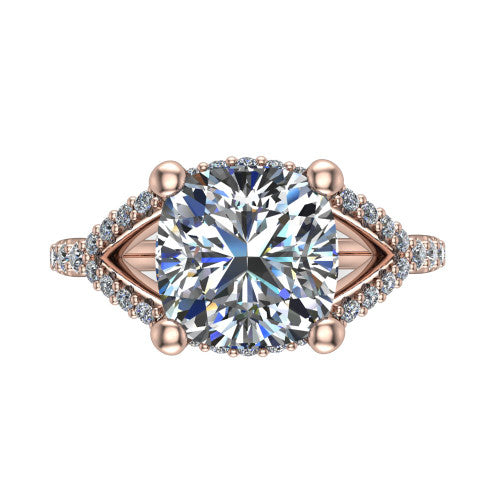 Clementine cushion classic engagement ring in 18K Rose Gold, top-down view showing the center diamond where the pav&eacute; split rails cross beneath the head