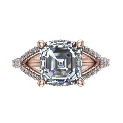 Clementine asscher classic engagement ring in 18K Rose Gold, top-down view showing the center diamond where the pav&eacute; split rails cross beneath the head