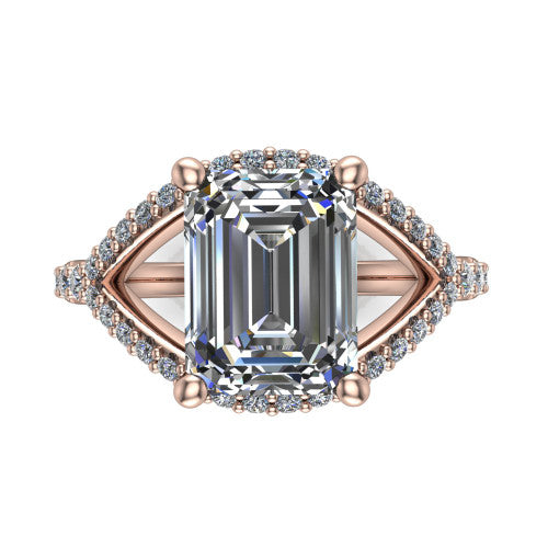 Clementine emerald classic engagement ring in 18K Rose Gold, top-down view showing the center diamond where the pav&eacute; split rails cross beneath the head