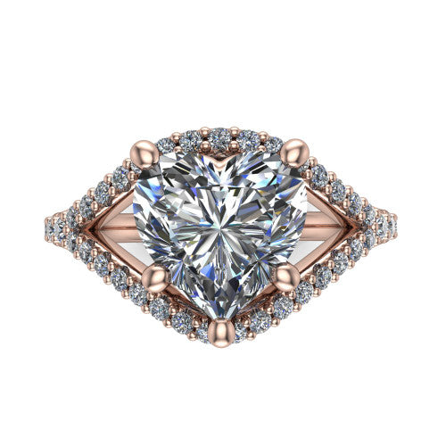 Clementine heart classic engagement ring in 18K Rose Gold, top-down view showing the center diamond where the pav&eacute; split rails cross beneath the head