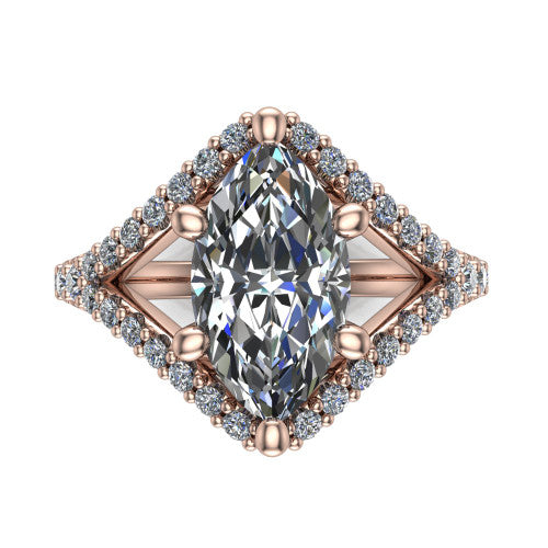 Clementine marquise classic engagement ring in 14K Rose Gold, top-down view showing the center diamond where the pav&eacute; split rails cross beneath the head