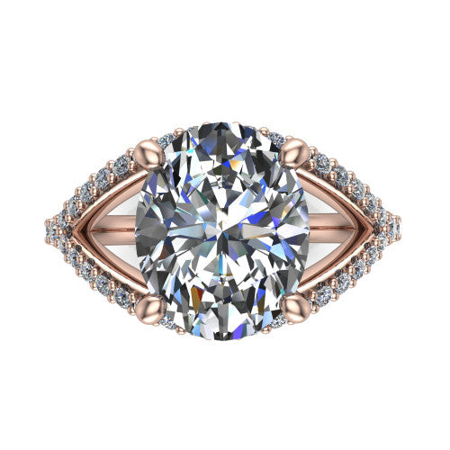 Clementine oval classic engagement ring in 18K Rose Gold, top-down view showing the center diamond where the pav&eacute; split rails cross beneath the head