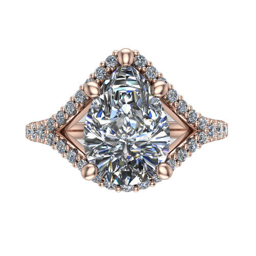 Clementine pear classic engagement ring in 18K Rose Gold, top-down view showing the center diamond where the pav&eacute; split rails cross beneath the head