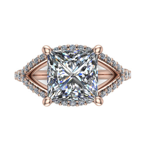 Clementine princess classic engagement ring in 14K Rose Gold, top-down view showing the center diamond where the pav&eacute; split rails cross beneath the head