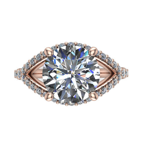 Clementine round classic engagement ring in 14K Rose Gold, top-down view showing the center diamond where the pav&eacute; split rails cross beneath the head