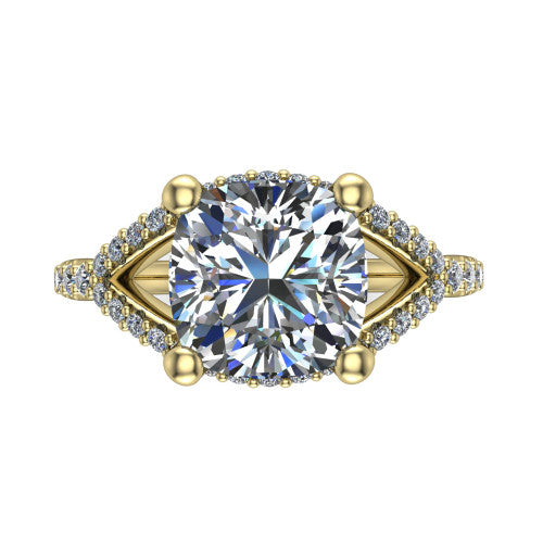 Clementine cushion classic engagement ring in 18K Yellow Gold, top-down view showing the center diamond where the pav&eacute; split rails cross beneath the head