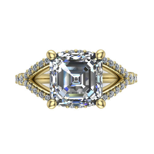 Clementine asscher classic engagement ring in 14K Yellow Gold, top-down view showing the center diamond where the pav&eacute; split rails cross beneath the head