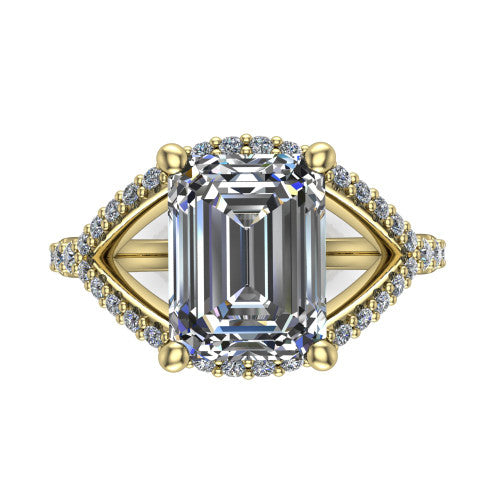 Clementine emerald classic engagement ring in 18K Yellow Gold, top-down view showing the center diamond where the pav&eacute; split rails cross beneath the head