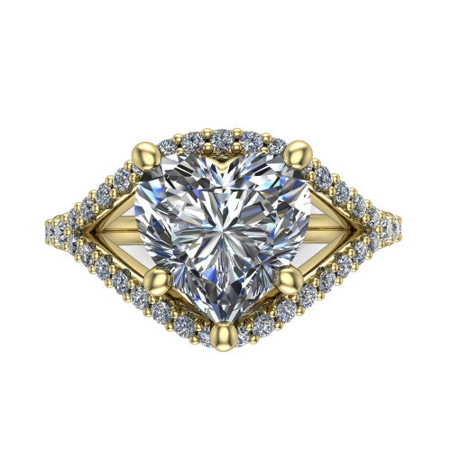 Clementine heart classic engagement ring in 18K Yellow Gold, top-down view showing the center diamond where the pav&eacute; split rails cross beneath the head