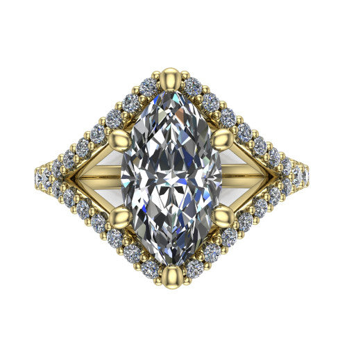 Clementine marquise classic engagement ring in 14K Yellow Gold, top-down view showing the center diamond where the pav&eacute; split rails cross beneath the head
