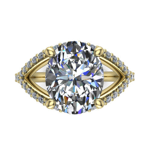 Clementine oval classic engagement ring in 18K Yellow Gold, top-down view showing the center diamond where the pav&eacute; split rails cross beneath the head