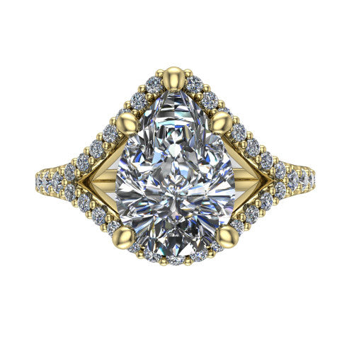 Clementine pear classic engagement ring in 18K Yellow Gold, top-down view showing the center diamond where the pav&eacute; split rails cross beneath the head