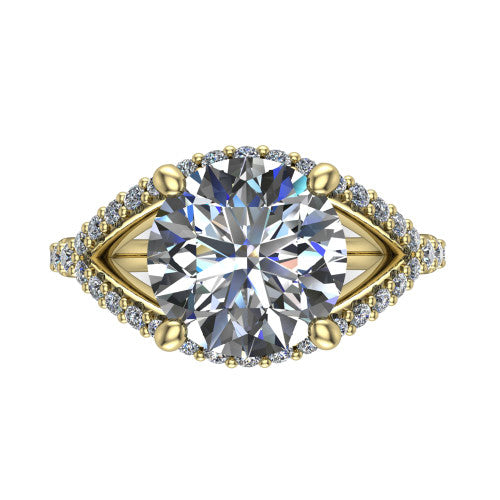 Clementine round classic engagement ring in 18K Yellow Gold, top-down view showing the center diamond where the pav&eacute; split rails cross beneath the head