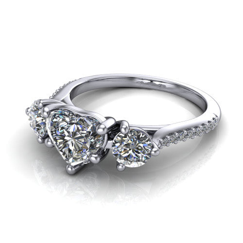 Phoebe heart hidden halo engagement ring in 14K White Gold, three-quarter perspective showing the center diamond between two round side stones above a pav&eacute; shank