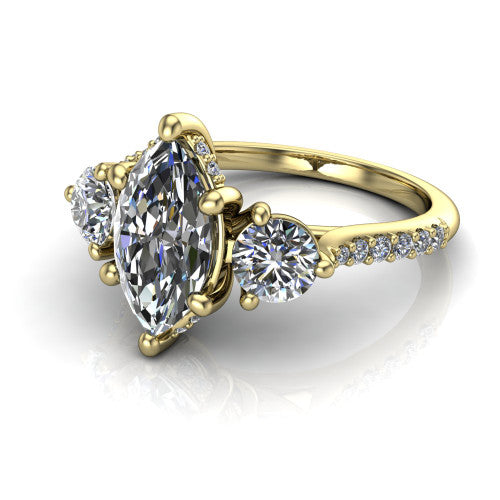 Phoebe marquise hidden halo engagement ring in 14K Yellow Gold, three-quarter perspective showing the center diamond between two round side stones above a pav&eacute; shank