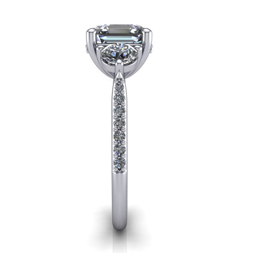 Phoebe asscher hidden halo engagement ring in 18K White Gold, side profile showing the hidden halo beneath the center and the pav&eacute; diamonds down the shank