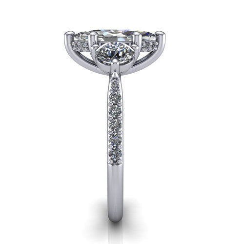 Phoebe marquise hidden halo engagement ring in 18K White Gold, side profile showing the hidden halo beneath the center and the pav&eacute; diamonds down the shank