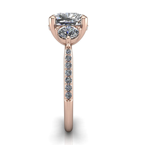 Phoebe cushion hidden halo engagement ring in 14K Rose Gold, side profile showing the hidden halo beneath the center and the pav&eacute; diamonds down the shank