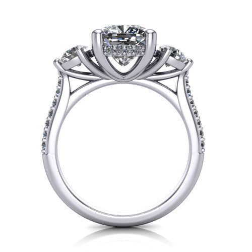 Phoebe cushion hidden halo engagement ring in 14K White Gold, through-finger front profile showing the three-stone head raised above the pav&eacute; band