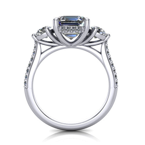 Phoebe asscher hidden halo engagement ring in 18K White Gold, through-finger front profile showing the three-stone head raised above the pav&eacute; band